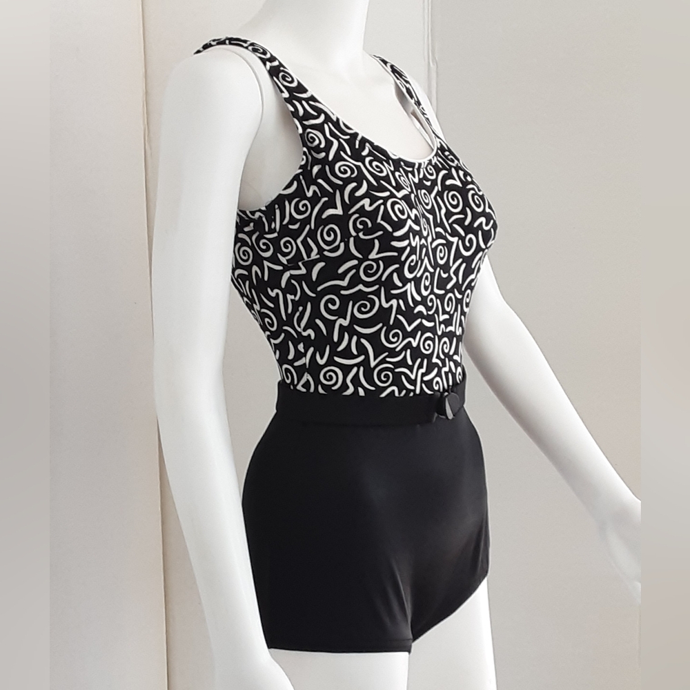 DUNE DECK Pinup Black|White Abstract Boy Shorts 1 Piece Bathing Suit Sz 12 - Vtg